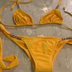 Yellow String Bikini Set with Chain Detail